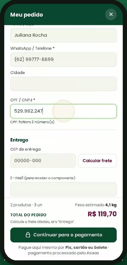 Pedido com total, peso e frete calculado pelo CEP